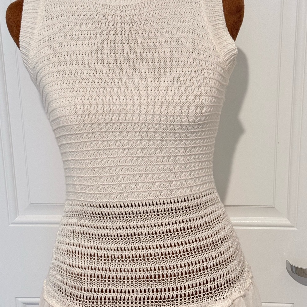 Peppermayo white Crochet Knit Sleeveless Dress XS/S Boho Drop Waist Sheer Skirt - Picture 3 of 10